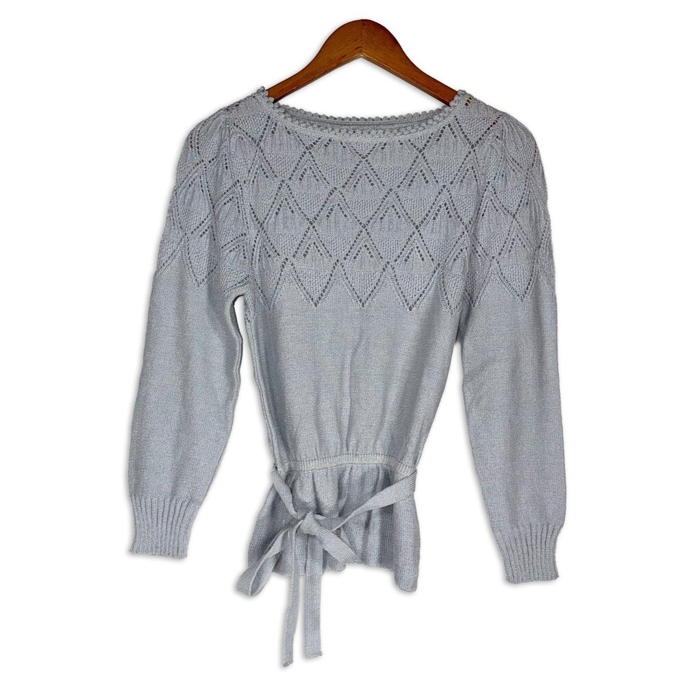 Vintage Light Blue Pointelle Knit Peplum Sweater Top Tie Waist 80s Lightweight